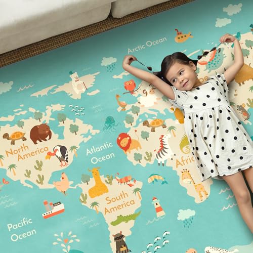 Washable Kids Playroom Rug – 5x7 Play Rug for Preschool Toddlers, Baby Girls, Educational with Cute Animals – Non-Slip, Stain Resistant, Soft & Safe for Bedroom, Play Room and Classroom - Blue