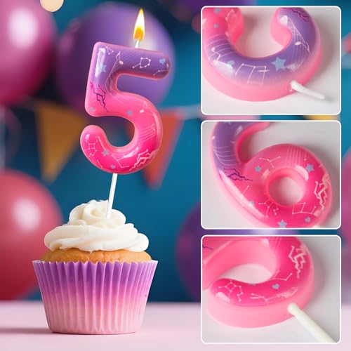 K-pop Pink Purple Number Birthday Candle – Trendy Cake Decoration for Themed Parties, Sparkly Gradient Cake Topper for Girls Birthday Party Decoration for Teens（Number 5）