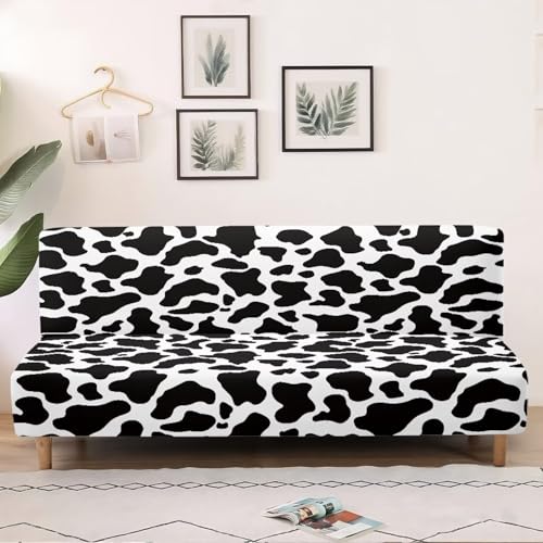 Black White Cow Pattern Armless Futon Cover, Machine Washable Sofa Slipcover with Stretch Bottom Anti-Slip Non Armrest Couch Chair Covers