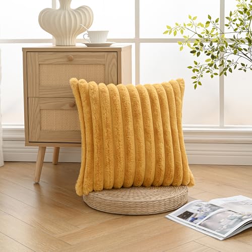Volcanics Set of 1 Double-Sided Faux Fur Mustard Yellow Pillow Covers 18x18