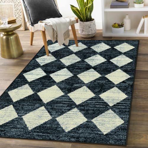 Lahome Zelie Moroccan Trellis Area Rug - 3x5 Washable Black Entry Rug Non Slip Living Room Mat, Distressed Lattice Soft Stain Resistance Indoor Throw Carpet for Front Door Foyer Bedroom Bathroom