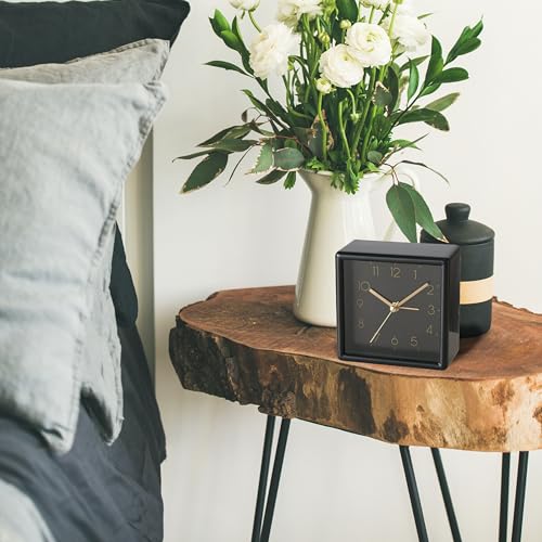 WHW Whole House Worlds Mid-Century Modern Alarm Clock | Quartz Movement, Black, Gold Accents, Square, 1 AA Battery (Not Included) 3.75"