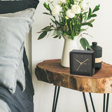 WHW Whole House Worlds Mid-Century Modern Alarm Clock | Quartz Movement, Black, Gold Accents, Square, 1 AA Battery (Not Included) 3.75"