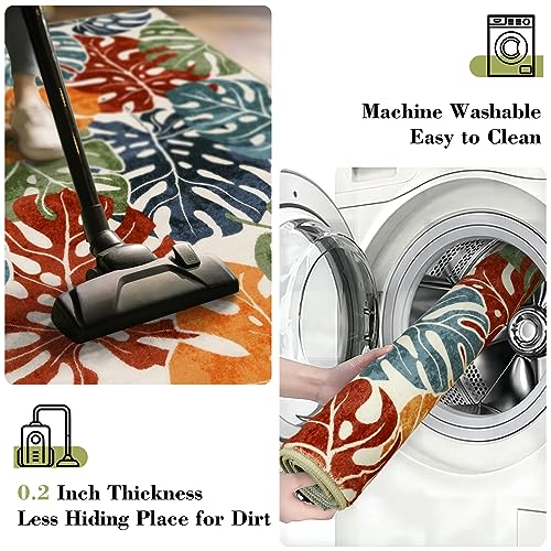 Wonnitar Tropical Washable Runner Rug 2x6, Non-Slip Colorful Leaf Runner Rugs for Kitchen, Low Pile Coastal Soft Bathroom Carpet Floor Throw Mat for Laundry Room Entrance Hallway