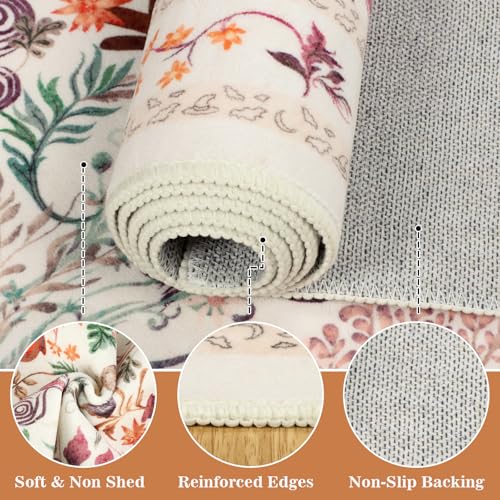 nesrt Fantasy Mushroom Runner Rugs for Hallway 3x10ft Non Slip, Washable Jungle Animal Print Doorway Rug Runner Low Pile, Forest Floor Carpet for Entry Kitchen Laundry Room Decor (Beige)