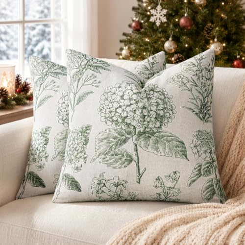 Set of 2 Decorative Floral Pillow Covers 22x22 Inch Dark Green