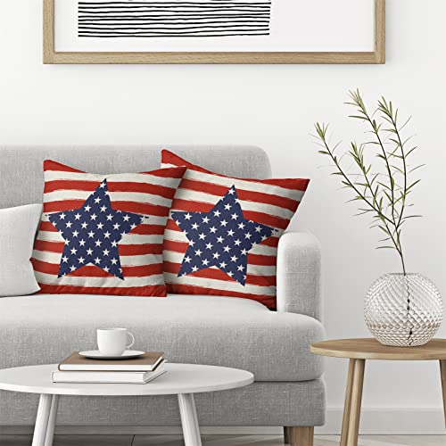 4th of July Pillow Covers 18x18 Inch Set of 2 Memorial Day Independence Day Red Stripe Blue Star Decor Throw Pillows American Flag USA Patriotic Outdoor Cushion Cases for Couch Bed Decorations