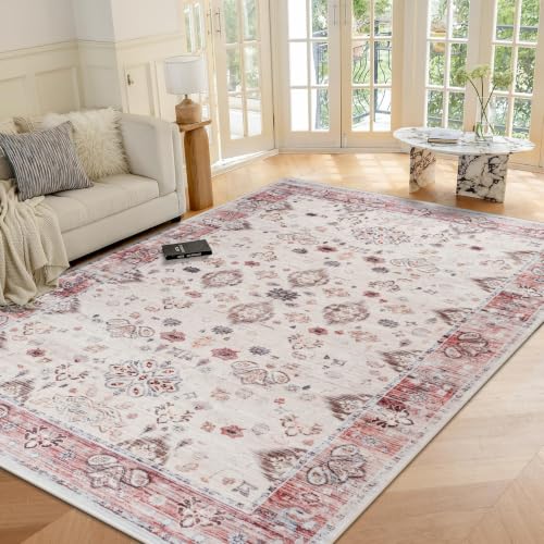 4x6 Area Rugs for Living Room, Washable Rug Vintage Floral, Red