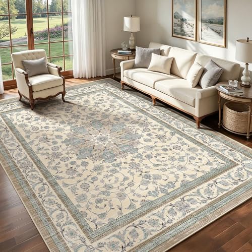8x10 Area Rugs for Living Room, Washable Distressed Boho Non Slip Large Rug, Soft Low Pile Stain & Fade Resistant Carpet for Bedroom, Dining Room, Home Office, Cream Blue