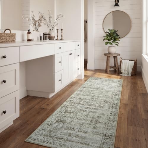 Washable Hallway Runner Rug 8ft, Brown Distressed Kitchen Runner Rugs Non Slip, Farmhouse Vintage Carpet Runner for Entryway Laundry Bathroom, Soft Bedroom Bedside Rug (2.5x8, Brown)