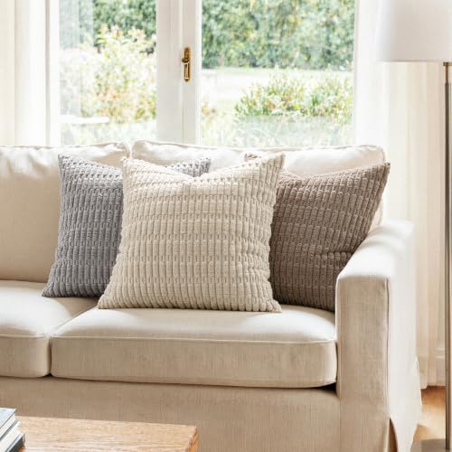MIULEE Pack of 2 Corduroy Decorative Throw Pillow Covers 20x20 Inch Soft Boho Striped Pillow Covers Modern Farmhouse Home Decor for Sofa Living Room Couch Bed Cream White