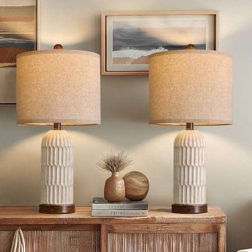 22.5" Bedside Table Lamps Set of 2, Farmhouse Table Lamp with USB A+C Charging Ports,Vintage Nightstand Lamp for Bedrooms and Living Rooms, Retro Resin End Table Lamp, Beige and Brown