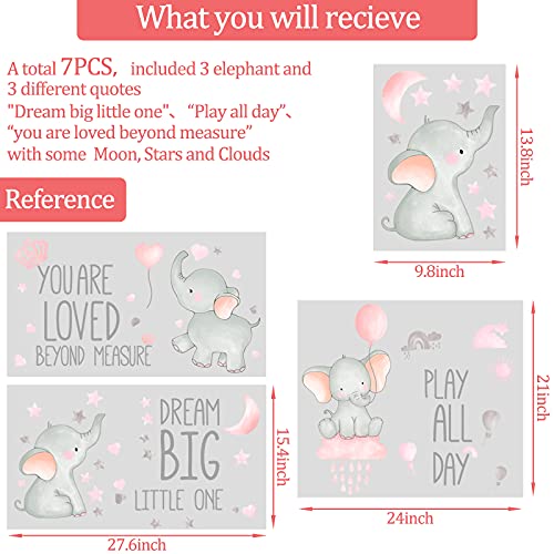 Outus 7 Pcs Dream Big Little One Elephant Nursery Wall Stickers Wall Decor Baby Room Moon Hot Air Balloon Pink Grey Stars Decals for Kids Living Room Bedroom Decorations Home Decor