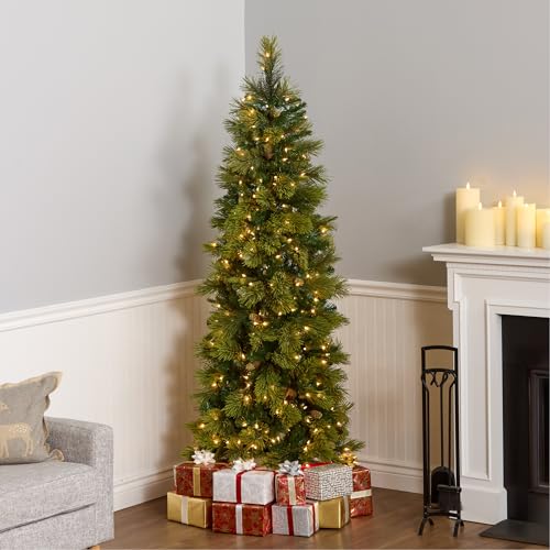 National Tree Company 6.5 ft Pre-Lit Carolina Pine Slim Artificial Christmas Tree, 350 Clear Lights, 516 Tips, Includes Stand, Green
