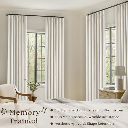 90 Inch Pinch Pleated Linen Blackout Curtains 2 Panels for Living Room Cream Natural 100% Black Out Curtains 90 Inches Long Pinch Pleat Dual Layer Drapes Birch Ivory Drapes for Dining Bedroom Office