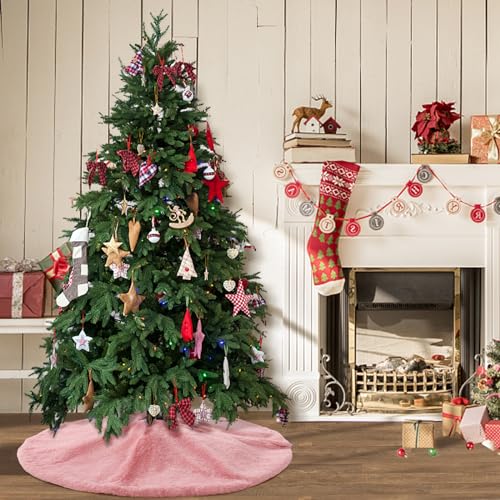 Pink Plush Christmas Tree Skirt 30 Inches Faux Fur Xmas Tree Skirt Base Cover Mat with Shiny Streamers for Christmas Tree Holiday Home Party Decorations - 78cm