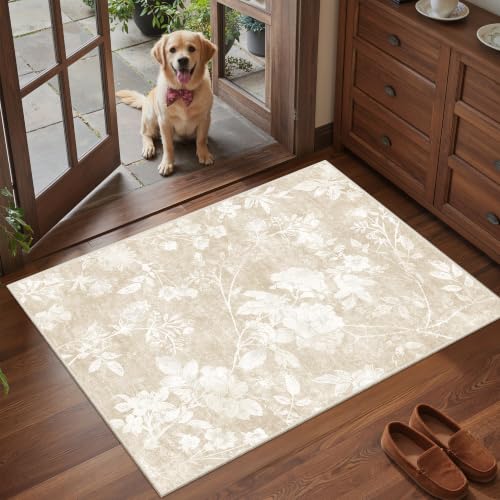 Soalmost Floral Washable Rugs 2x3, Soft Neutral Doormat for Entryway Beige