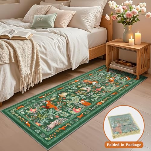 nesrt Cute Botanical Runner Rugs for Hallway 2x6ft, Non Slip Animal Printed Kitchen Rug Washable, Soft Thin Jungle Fox Bedside Runners, Woodland Accent Floor Carpet for Bedroom Hall Bathroom (Green)