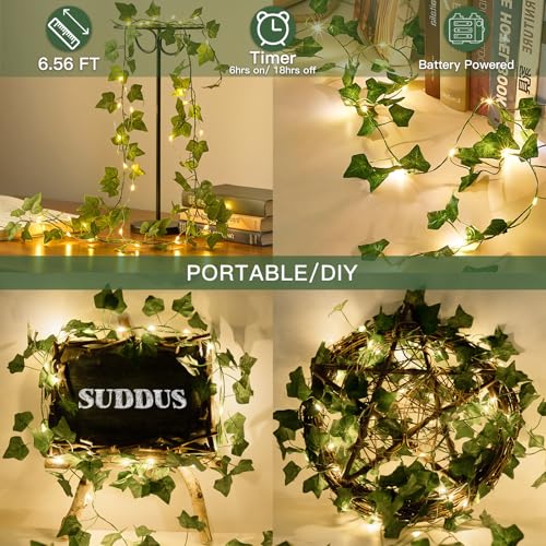 suddus Fake Vines with Lights Battery Operated, 20 LED 6.56FT Ivy Garland Fairy Lights with Timer, Leaf String Lights for Bedroom,Room,Window,Wall,Party,Garden,Wedding Indoor Decor (Warm White)