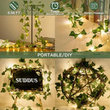 suddus Fake Vines with Lights Battery Operated, 20 LED 6.56FT Ivy Garland Fairy Lights with Timer, Leaf String Lights for Bedroom,Room,Window,Wall,Party,Garden,Wedding Indoor Decor (Warm White)