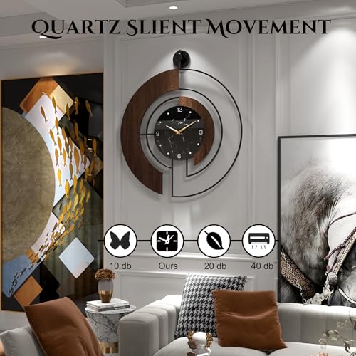 Modern Walnut Marble Dial Wall Clock, Large Wood Metal Frame Silent Non Ticking Wall Clocks for Living Room, Bedroom Decoration, Contemporary Home Wall Decor Gift Idea, 22 in