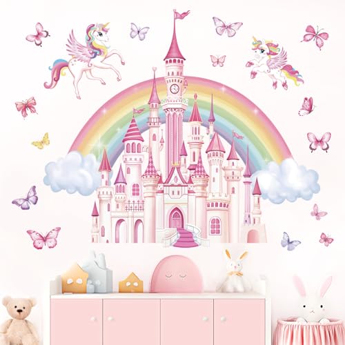 wondever Rainbow Castle Wall Stickers Fairy Tale Unicorn Butterfly Peel and Stick Wall Art Decals for Baby Nursery Girls Bedroom Toddler Room