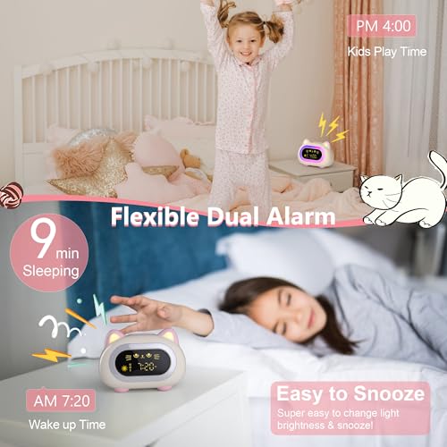 ANALOI Alarm Clock for Kids, Kids Alarm Clocks for Girls with Sleep Training Dual Alarm Eye Protection Auto Off Timer 10 Color Night Light, Cat Ok to Wake Clock, Gifts for Kids Girls