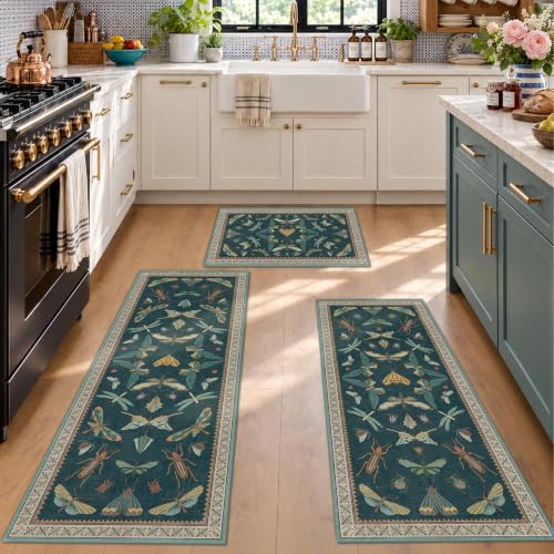 Vintage Insect Kitchen Rug Set of 3, Teal Washable Non-Slip Mats