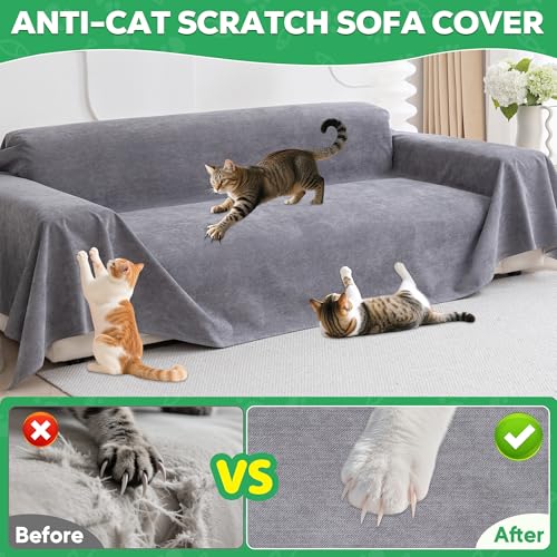 Cat Scratch Proof Furniture Protector - Anti-Slip, Waterproof Sofa Cover to Keep Cats Off, Pet-Friendly Anti-Scratch Couch Protectors for 3 Cushion Couch, Gray Sofa Cover for Pets and Kids 118"X71"