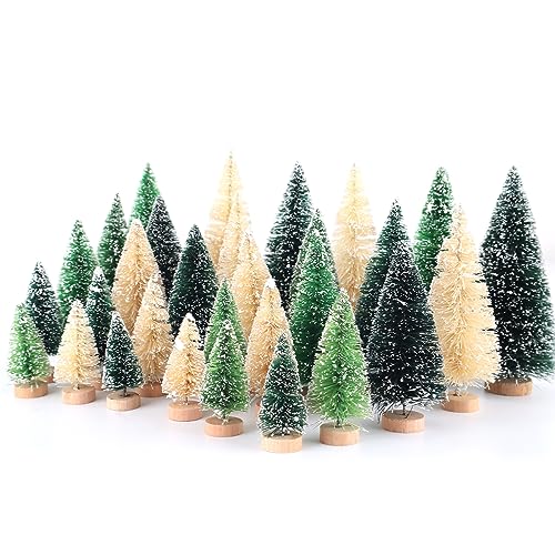 30Pcs Mini Christmas Trees - Artificial Christmas Tree Bottle Brush Trees with 5 Sizes, Snow Trees with Wooden Base for Christmas Party Home Table Craft Decor (GrassGreen+Green+White)