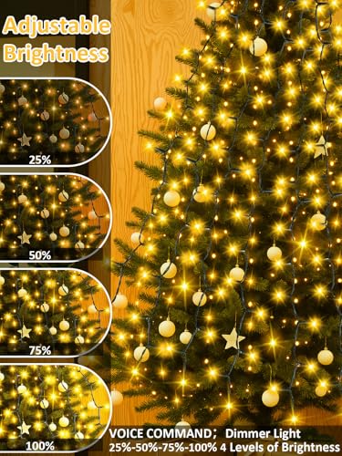 2025 New Christmas Tree Lights with Voice Control Outdoor/Indoor, 480LED 8FT 16 Lines Cascading Twinkle Lights Green Wire,12 Modes & Timer, Waterproof Waterfall Lights for Xmas Decor (Warm White)