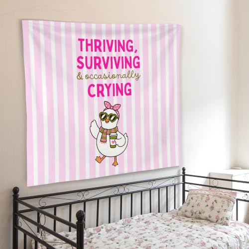 WNAGT Preppy Pink Goose Tapestry Wall Hanging 50x60 Inch | Inspirational Quote Funny Goose Pink White Striped Wall Tapestry for Girls Bedroom Dorm Home Office Decor