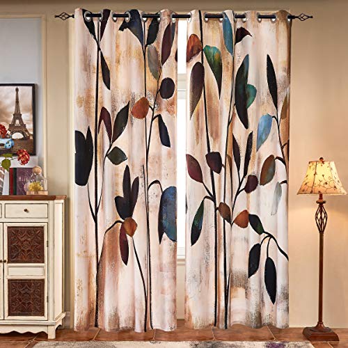 SUBRTEX Light Flitering Curtains 52Wx84L, Room Darkening Vibrant Floral Drapes, 50% Blackout, Semi Sheer Boho Farmhouse Curtains for Living Room, Brown