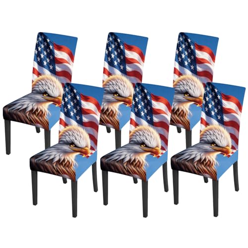 Independence Day Eagle Flag Chair Covers Set of 6,Stretchable Kitchen Dining Room Chair Covers Decorations Removable Washable Dining Chair Slipcovers Chair Protectors for Dining Room & Kitchen