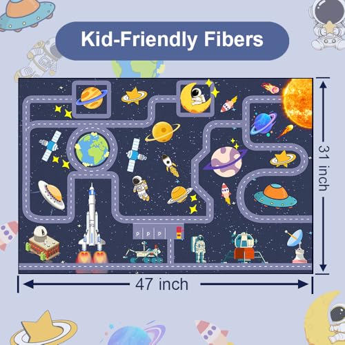 Outer Space Kid Rug，Boys Car Rug for Kids Toy Cars Have Fun Safely, Non-Slip Educational City Road Rugs Carpets for Kid Room Bedroom（47×31 in