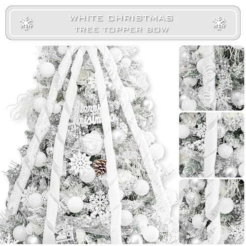 Hismir Christmas Tree Topper Bow，53x13 Inches Large Christmas Bow with Glitter Streamer and Patterned Ribbon，Decorative Bows for Xmas Tree Wreath Door Festival Home Decor(White)