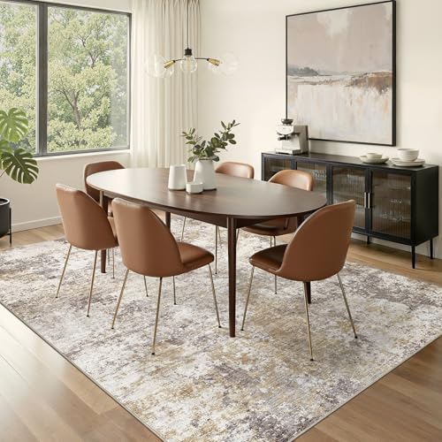 Nakagishi 8X10 Area Rugs for Living Room: Washable Modern Abstract Rug with Non-Slip Silicone Backing Low Pile Soft Carpet for Bedroom & Dining Decor Ideal for Families with Kids and Pets-Brown