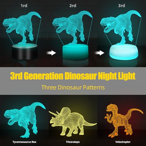 Dinosaur Night Light - 3D Acrylic 16 Color Changing Lamp with 3 Dino Patterns Remote Control, Kids Gift for Birthday Christmas
