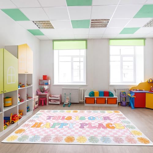 Breling 8'4" x 6' This is Our Happy Place Classroom Rug Pink Checkered Large Area Rug for Kids Educational Play Carpet for Playroom Preschool Kindergarten, This is Our Happy Place Classroom Decor