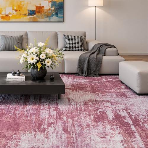 5x7 Pink Washable Area Rug Non-Slip Faux Wool Abstract Rug