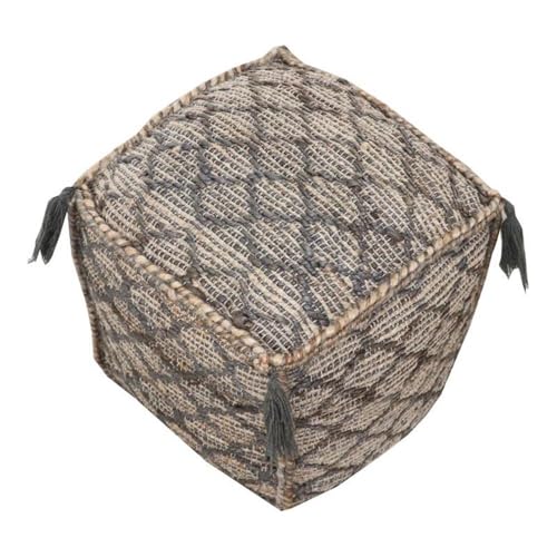 Moti Circe 18" Square Comfort Fabric Pouf in Natural/Elegant Taupe with Tassels