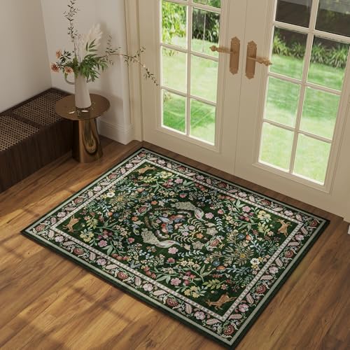 Rugcomf Door Mat 2x3 Small Area Rug Floral Washable Non Slip, Emerald Green