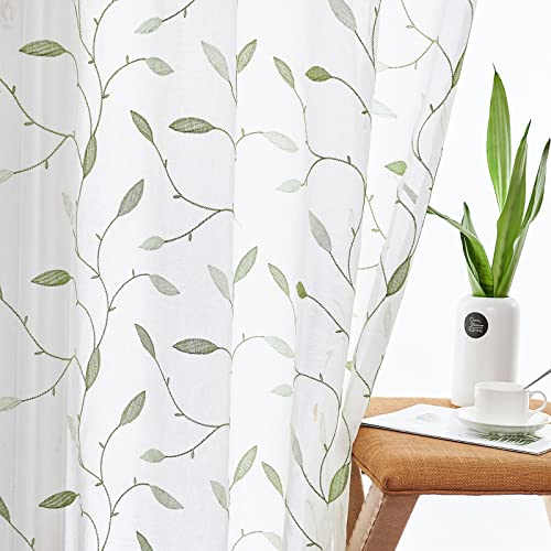 Lazzzy Embroidered Sheer Curtains Floral Leaf White Sheer Curtain for Bedroom Living Room Kitchen Rustic Voile Drapes Privacy Window Treatment Set of 2 Panels 96 Inches Long Grommet Top Green on White