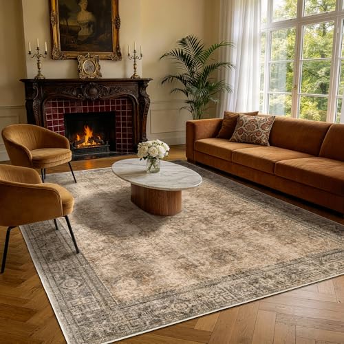 5x7 Washable Area Rug, Vintage Boho Traditional Pattern, Non-Slip Stain Resistant Rug for Living Room Bedroom(5x7,Brown/Boho)