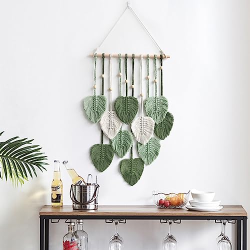 Avoik Macrame Wall Hanging Boho Woven Tapestry Handmade Home Wall Decor Bohemian Leaf Modern Chic Wall Art Green Feather Decorations for Living Room Bedroom Apartment Nursery Farmhouse Backdrop
