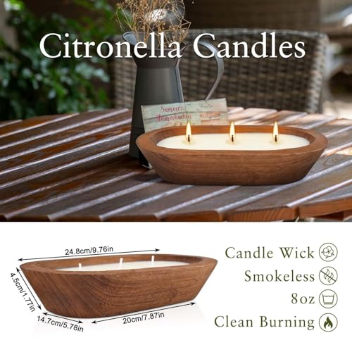 Citronella Scented 3-Wick Candle (8oz) Oval Wood Bowl Candle, Clean Burning & Smokeless, Decorative Soy Blend Candle for Home, Patio, Garden, Summer Gift.