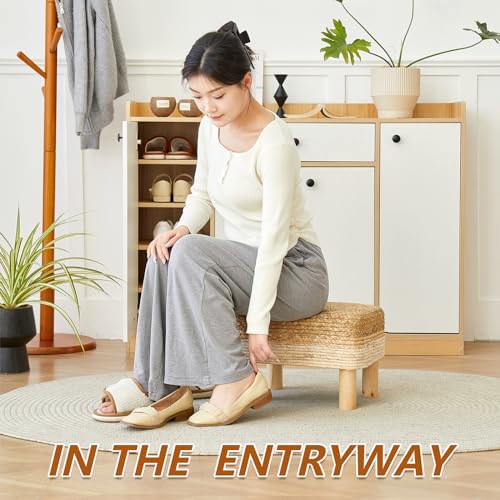 Ottoman Foot Stool Rectangular Footrest Natural Seagrass Footstool with Wooden Legs Hand Weave Multifunctional Modern Dressing Stool, Sofa Side Table for Bedroom for Living Room (White)