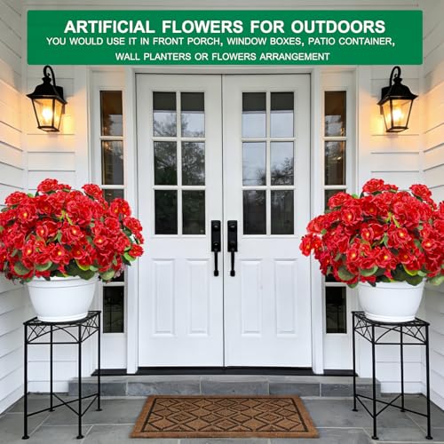 8 Bundles Artificial Geraniums Flowers for Outdoors Summer Decor, Fake Cemetery Flowers Silk Red Flower UV Resistant No Fade Faux Plants for Hanging Porch Garden Home Planter Patio Cemetery Decor