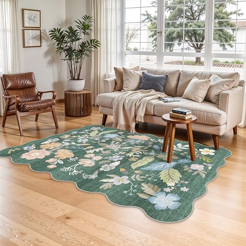 4x6 Washable Rug for Living Room: Non-Slip Scalloped Floral Area Rug Green