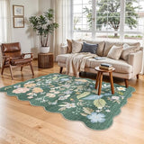 4x6 Washable Rug for Living Room: Non-Slip Scalloped Floral Area Rug Green